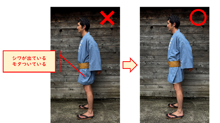 脇の余り：NG例（シワ・もたつき）とOK例の比較
